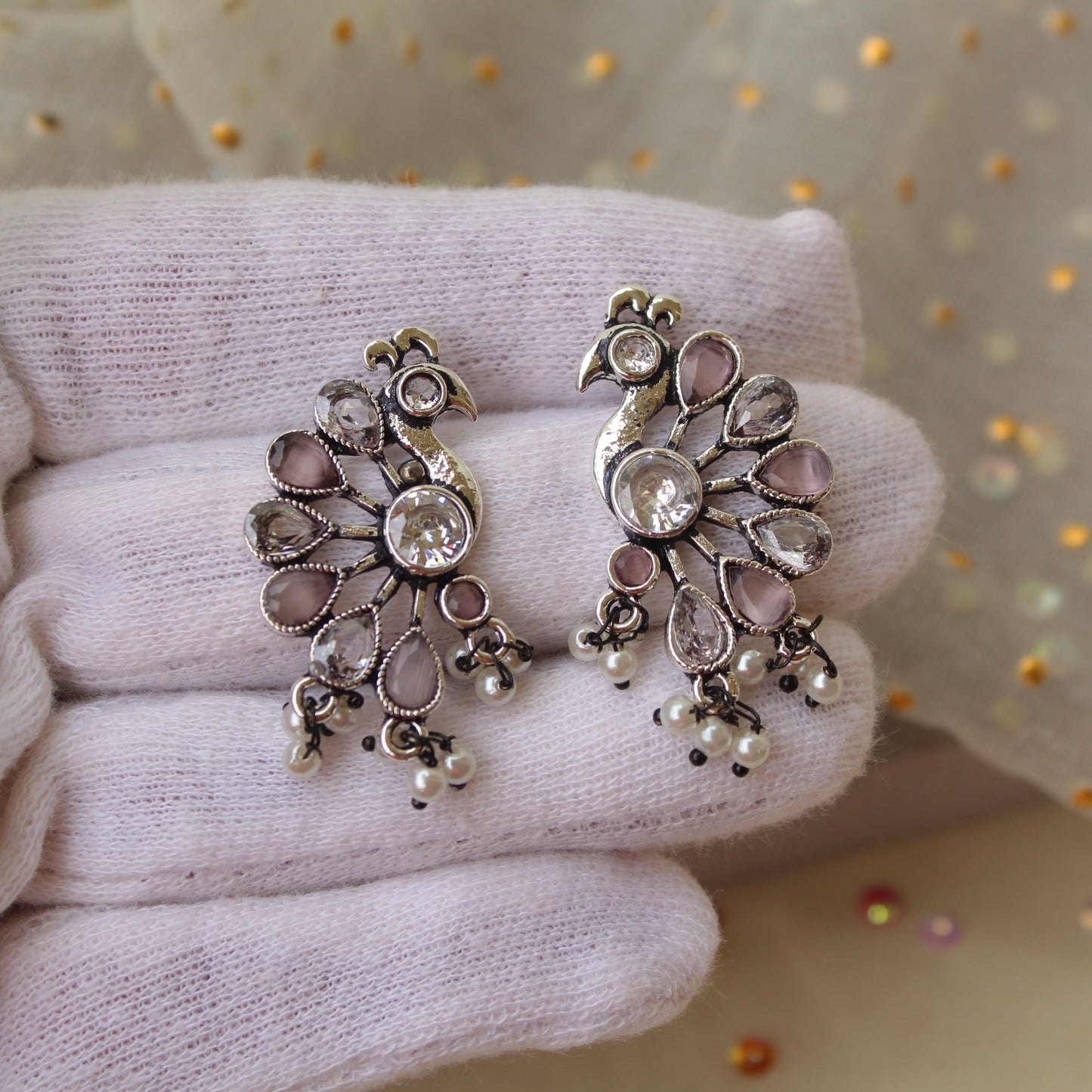 Pink & Oxidised Silver Peacock Stud Earrings