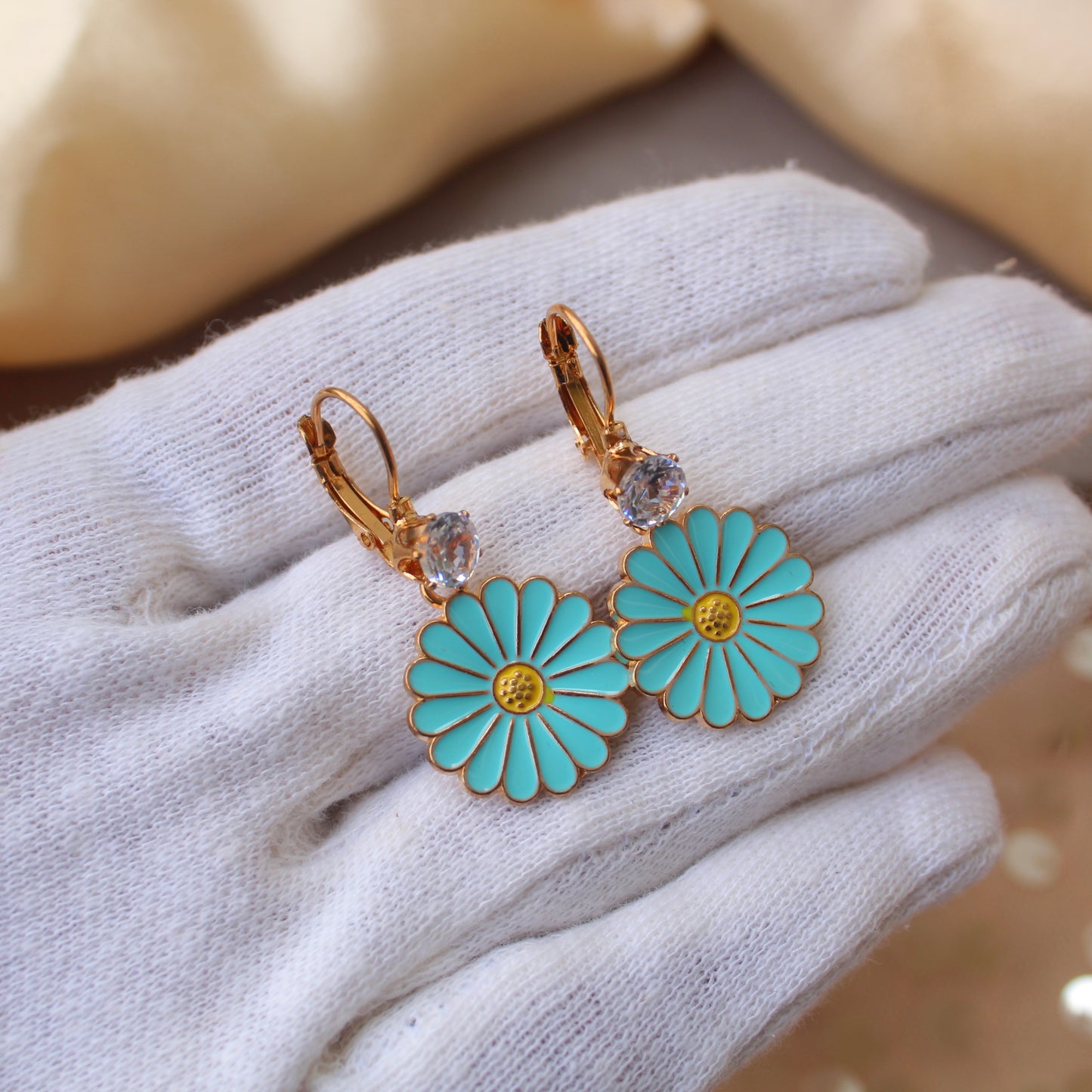 Blooming Sky Blue Daisy Flower Earrings