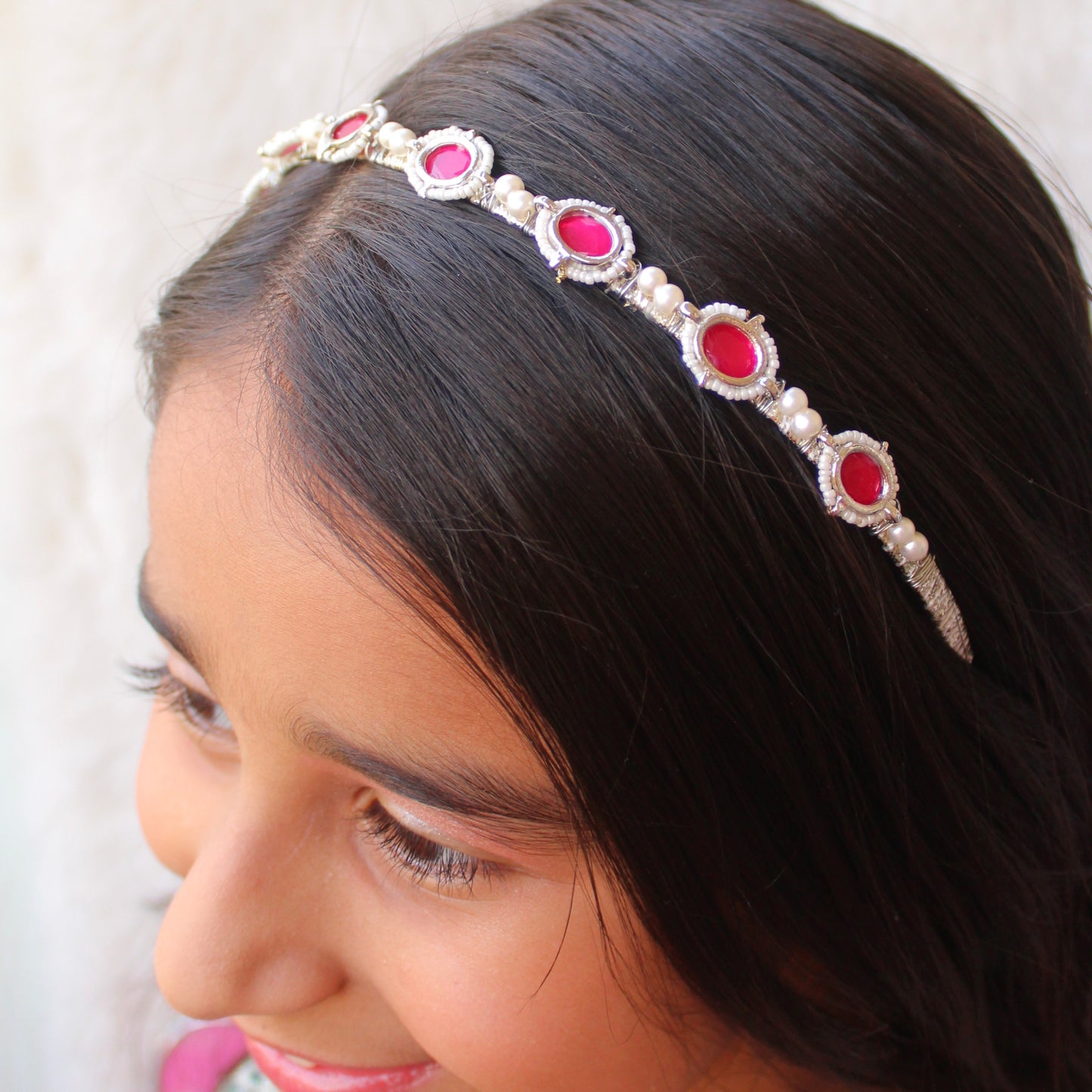 Red Kundan Stones Work Silver Toned Hairband