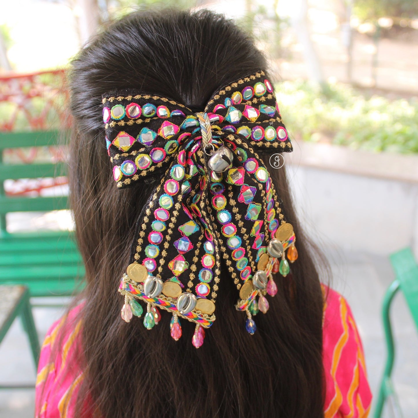 Beautiful Black & Vibrant Gujarati Bow Hair-Clip
