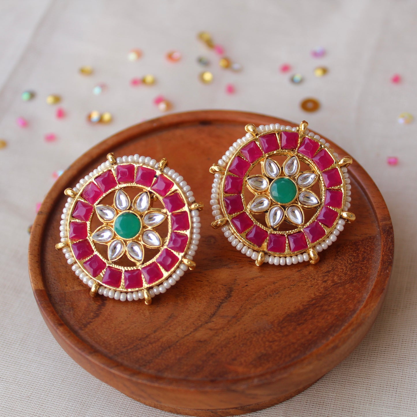 Pink & Green Stones Work Big Sized Studs