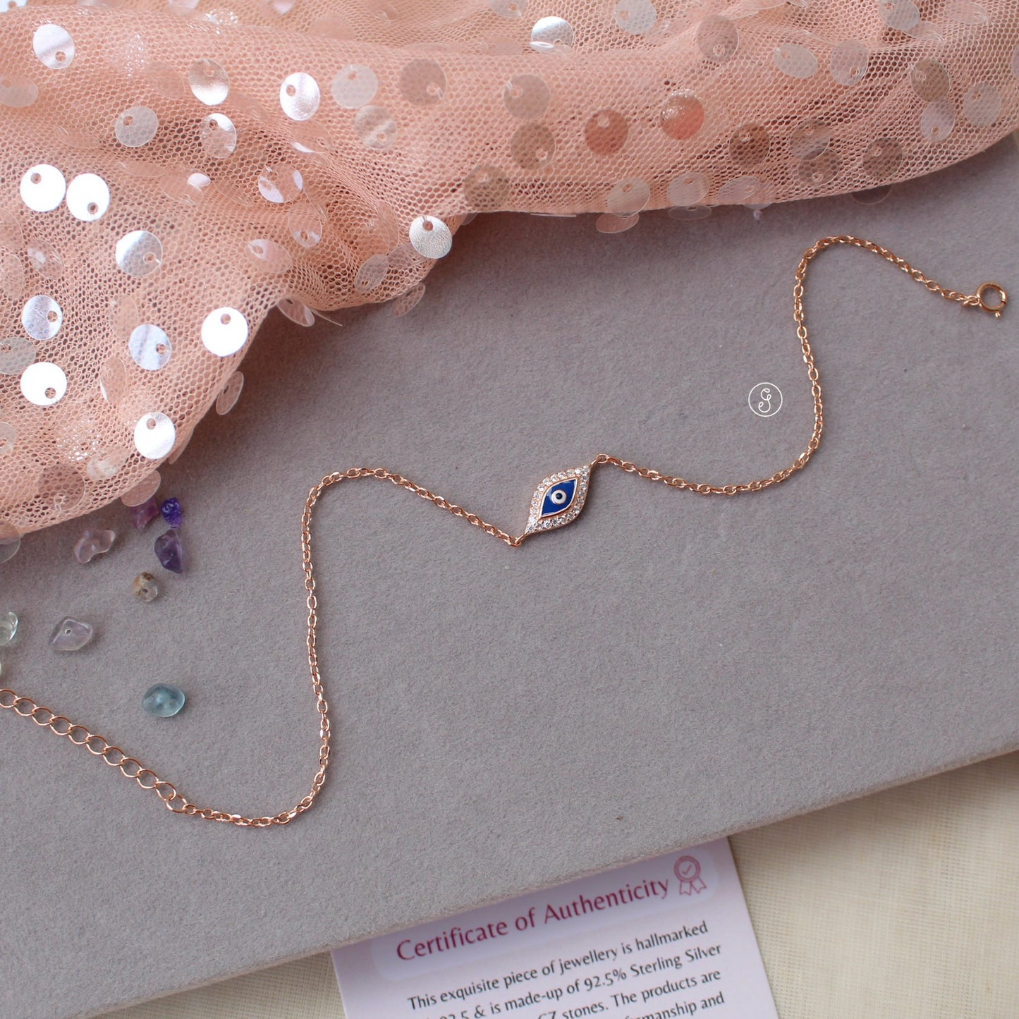 92.5 Pure Silver Rose Gold Toned Evil Eye Anklet