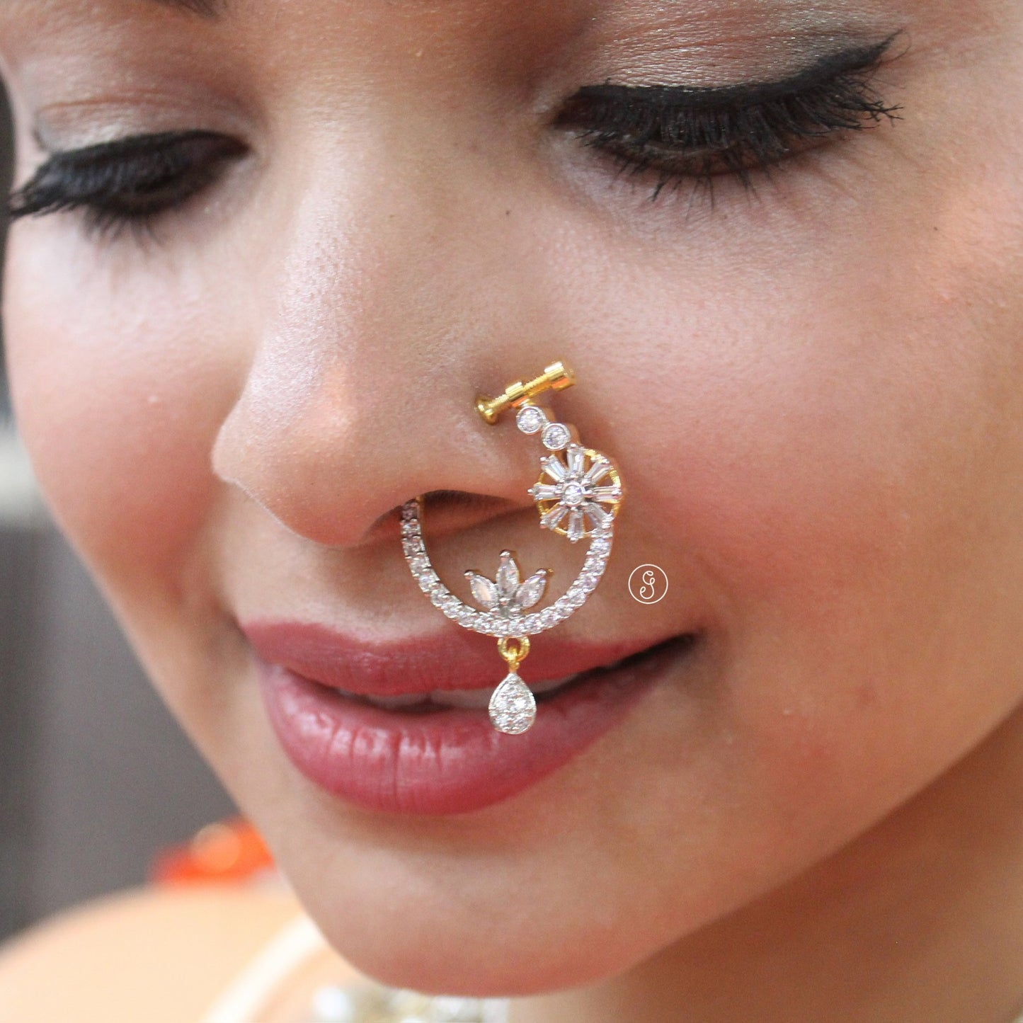 Golden CZ Diamonds Work Beautiful Nath