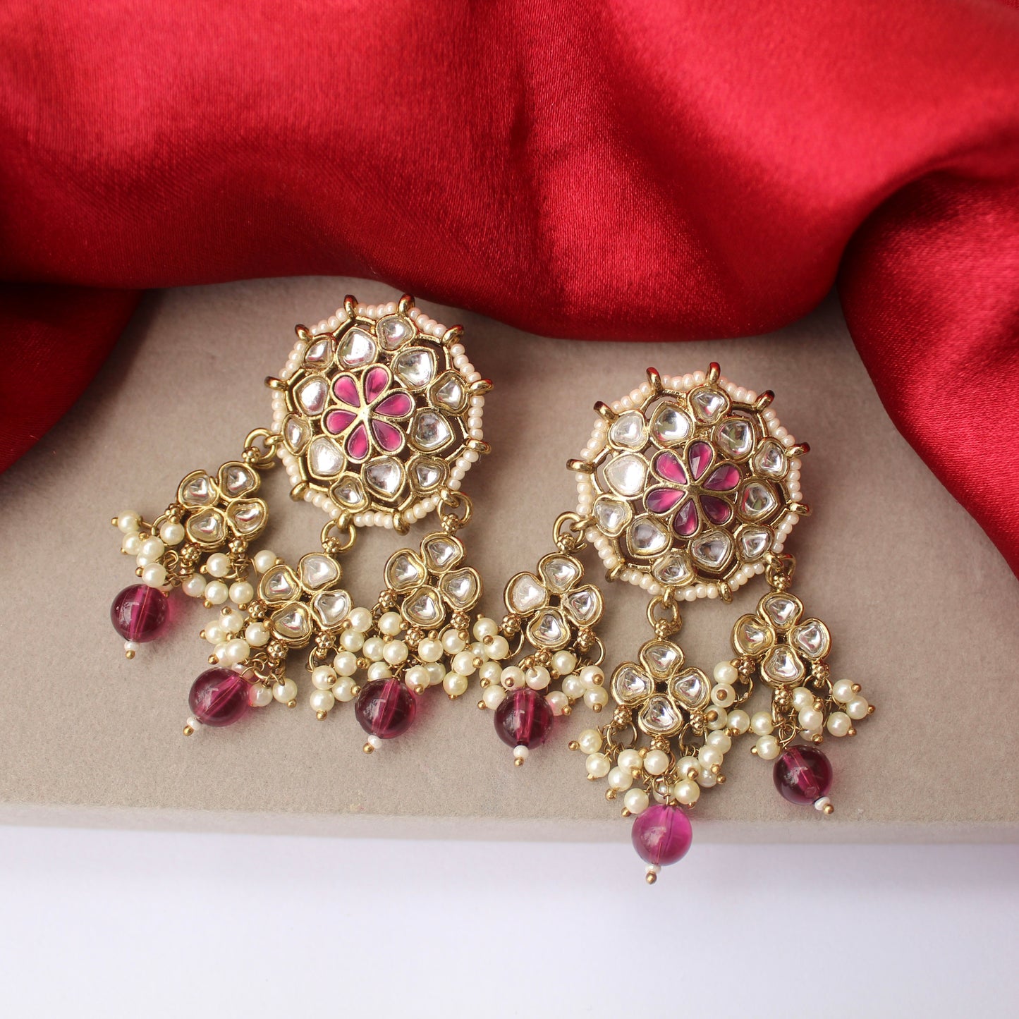 Magenta Bloom Kundan Ethnic Earrings