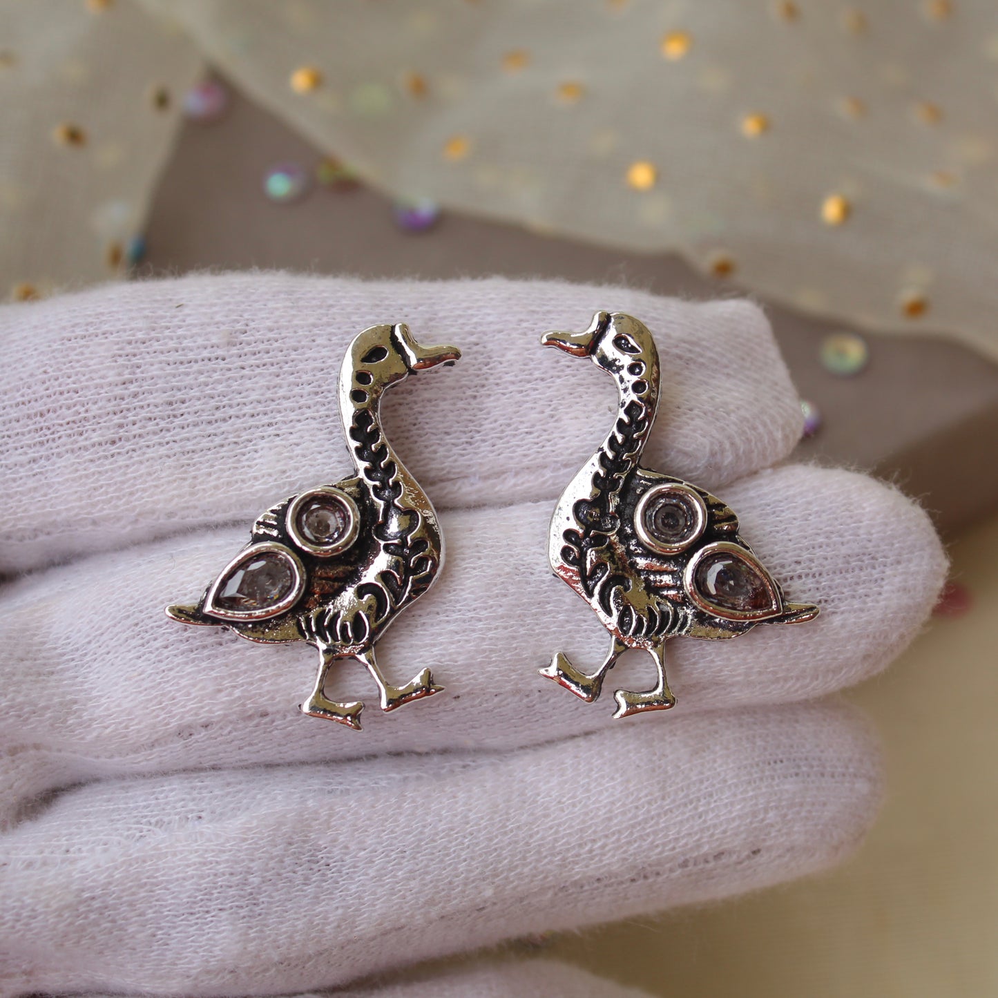 Trendy Oxidised Silver Duck Studs Earrings