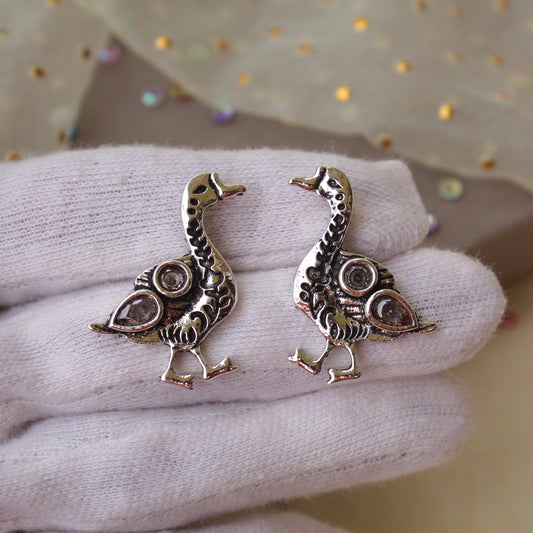 Trendy Oxidised Silver Duck Studs Earrings