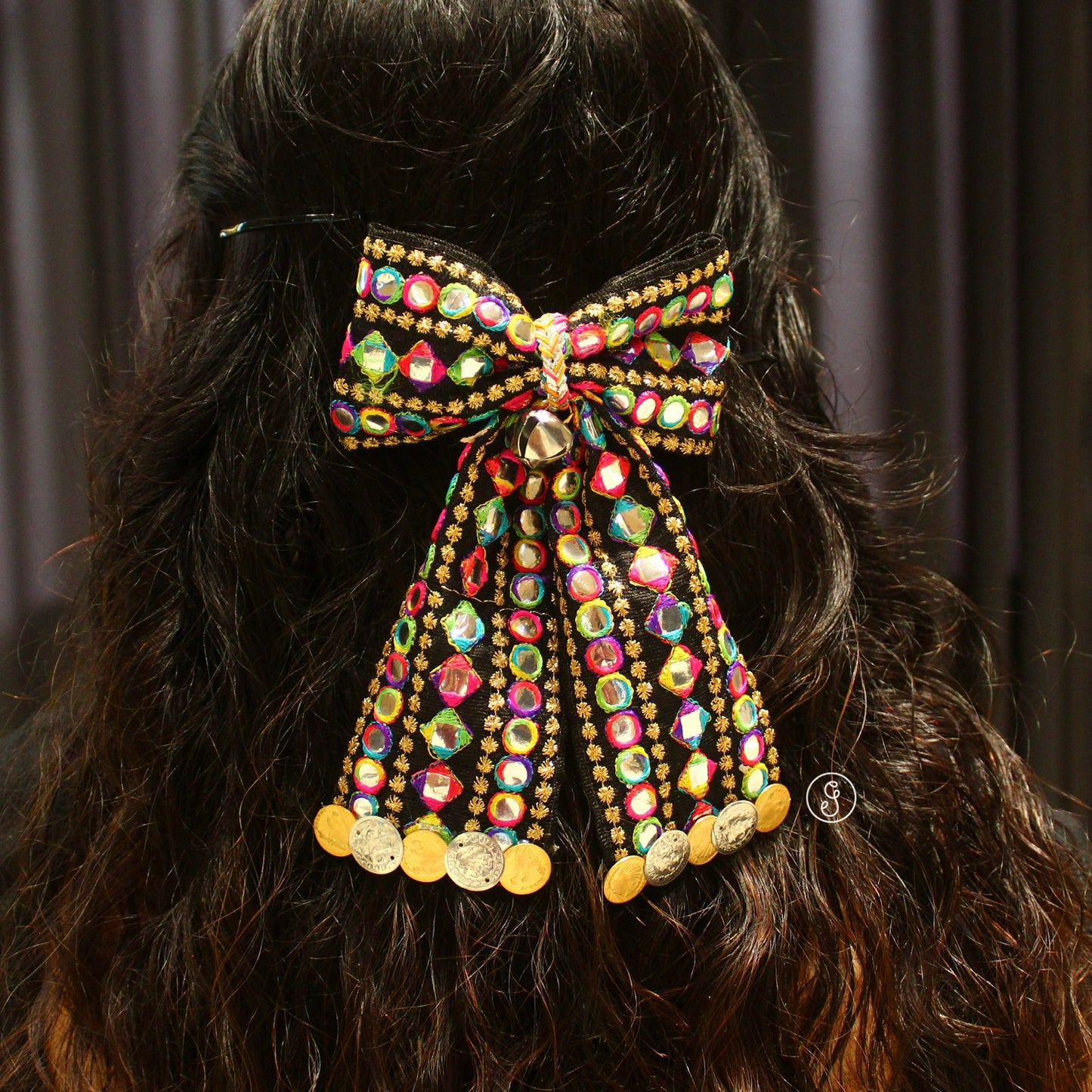 Beautiful Black & Vibrant Gujarati Bow Hair-Clip