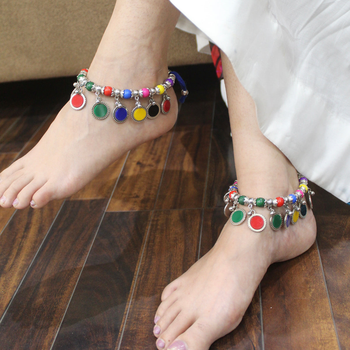 Adjustable Pair of Anklets With Multicoloured Charms