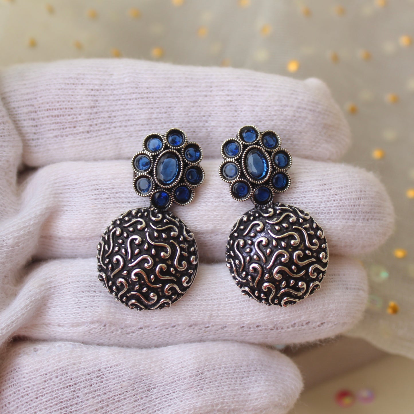 Blue & Black Oxidised Silver Stud Earrings
