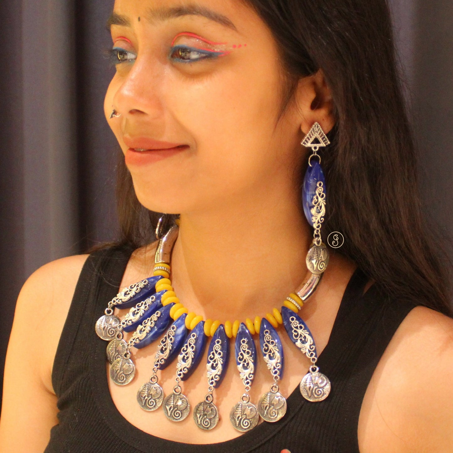 Blue & Yellow Oxidised Silver Necklace Set