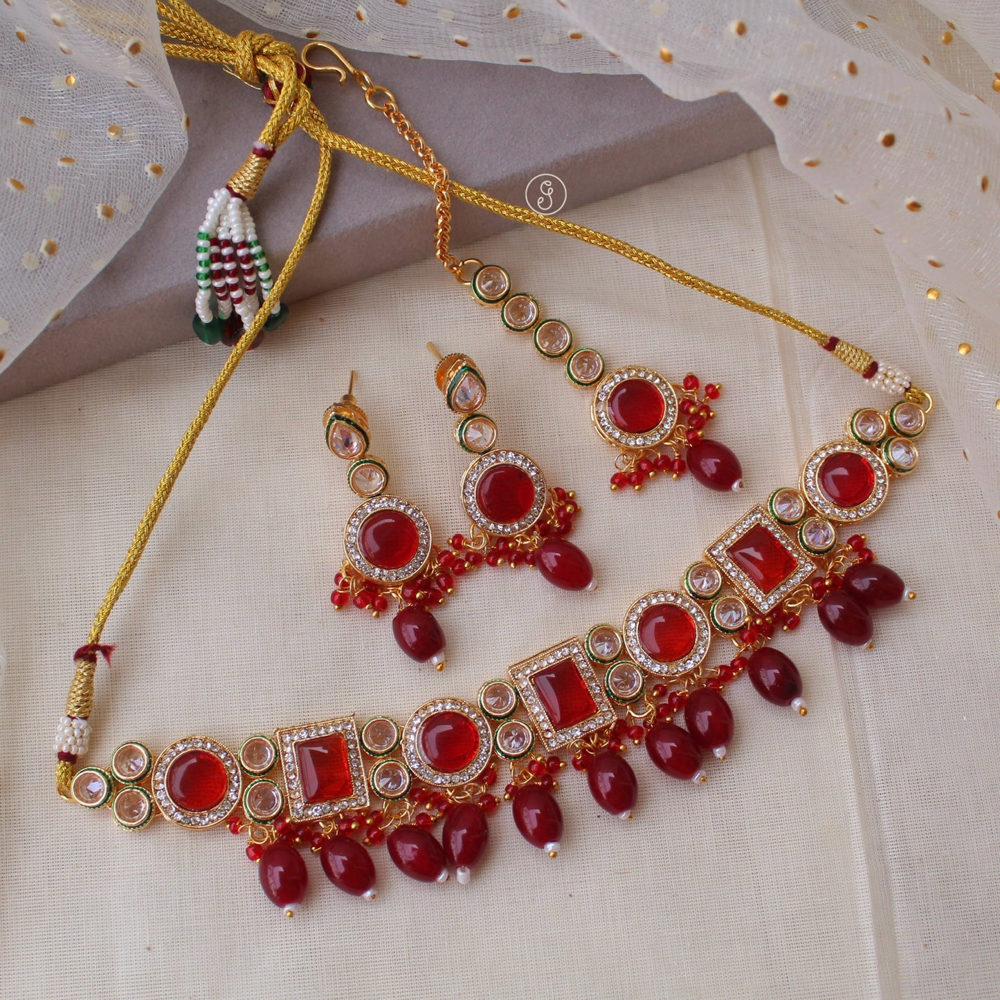 Radiant Red Monalisa Stones Necklace Set