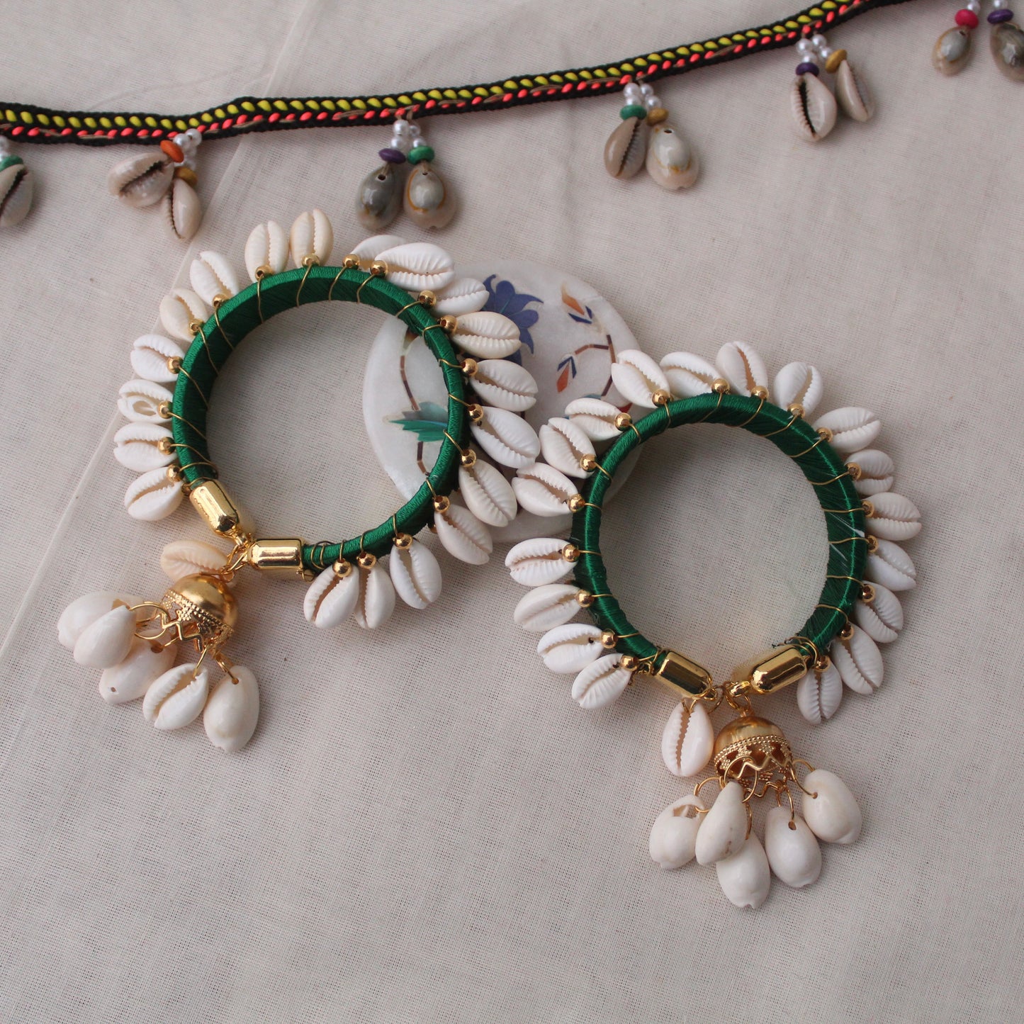 Green Thread & Shells Work Free Size Bangles Pair