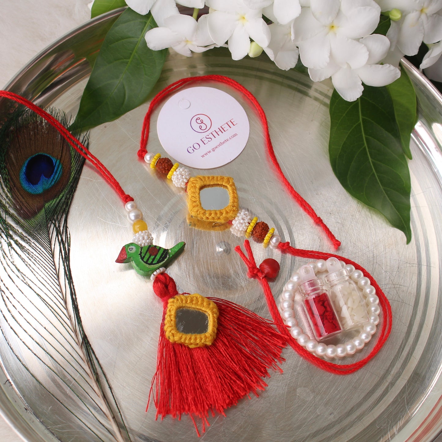 Yellow-Red Mirror Work Bhai-Bhabhi Rakhi Pair