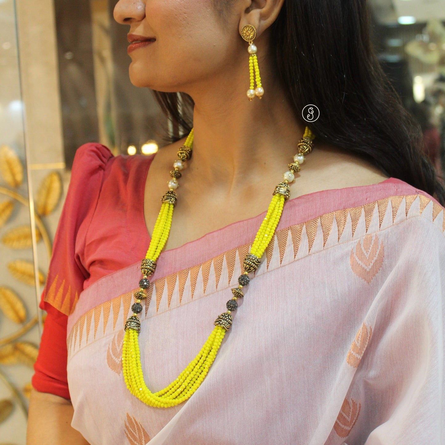 Neon Yellow Crystal Beads Long Necklace Set