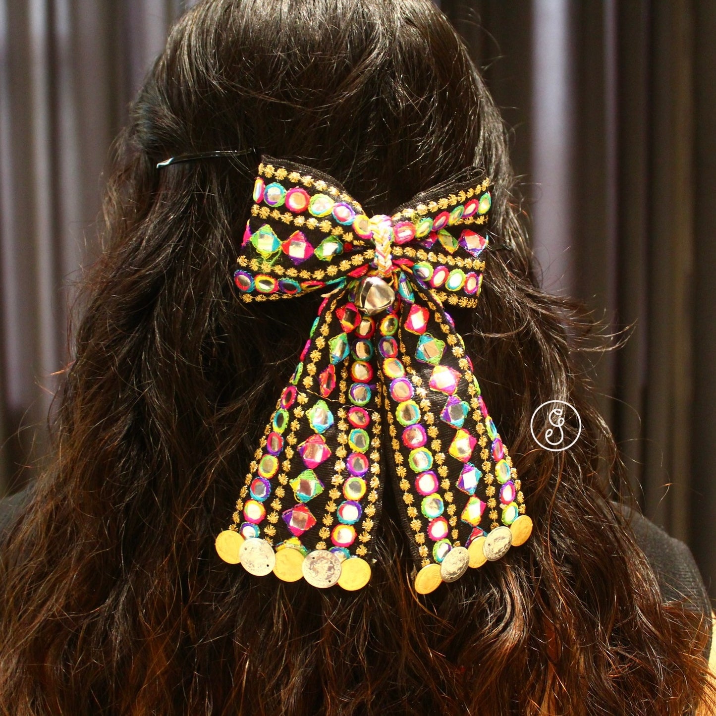 Beautiful Black & Vibrant Gujarati Bow Hair-Clip