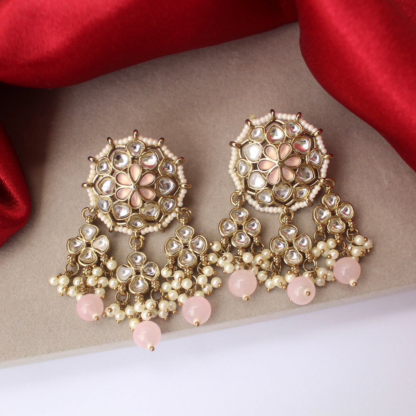 Golden & Baby Pink Kundan Work Earrings