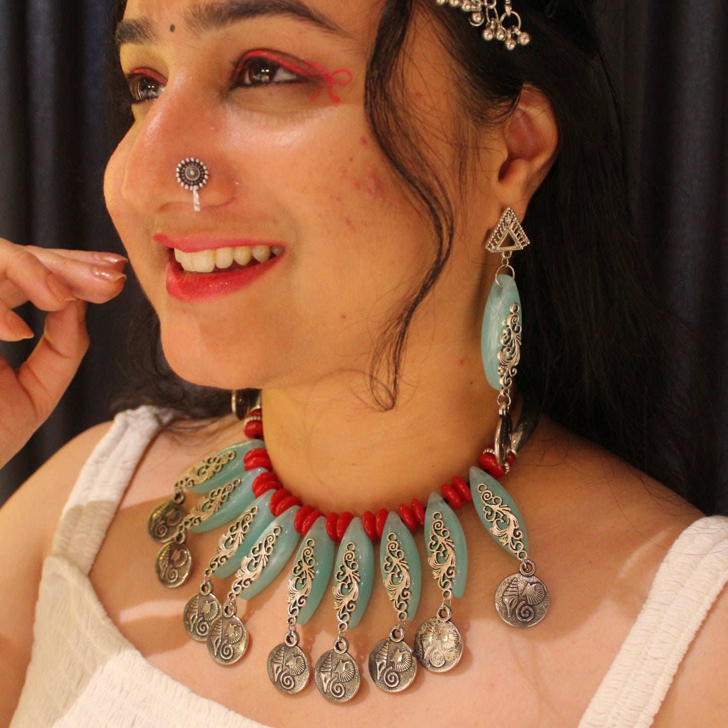 Ocean Blue & Red Designer Necklace Set