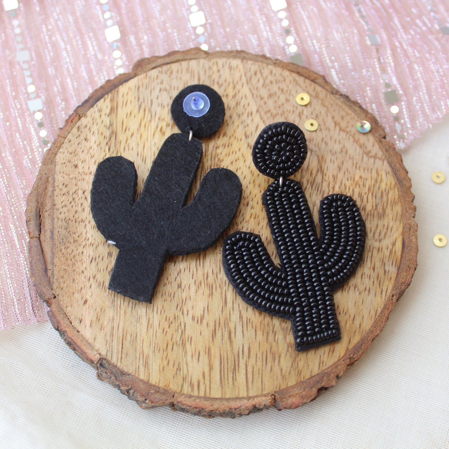 Black Handcrafted Beaded Cactus Earrings