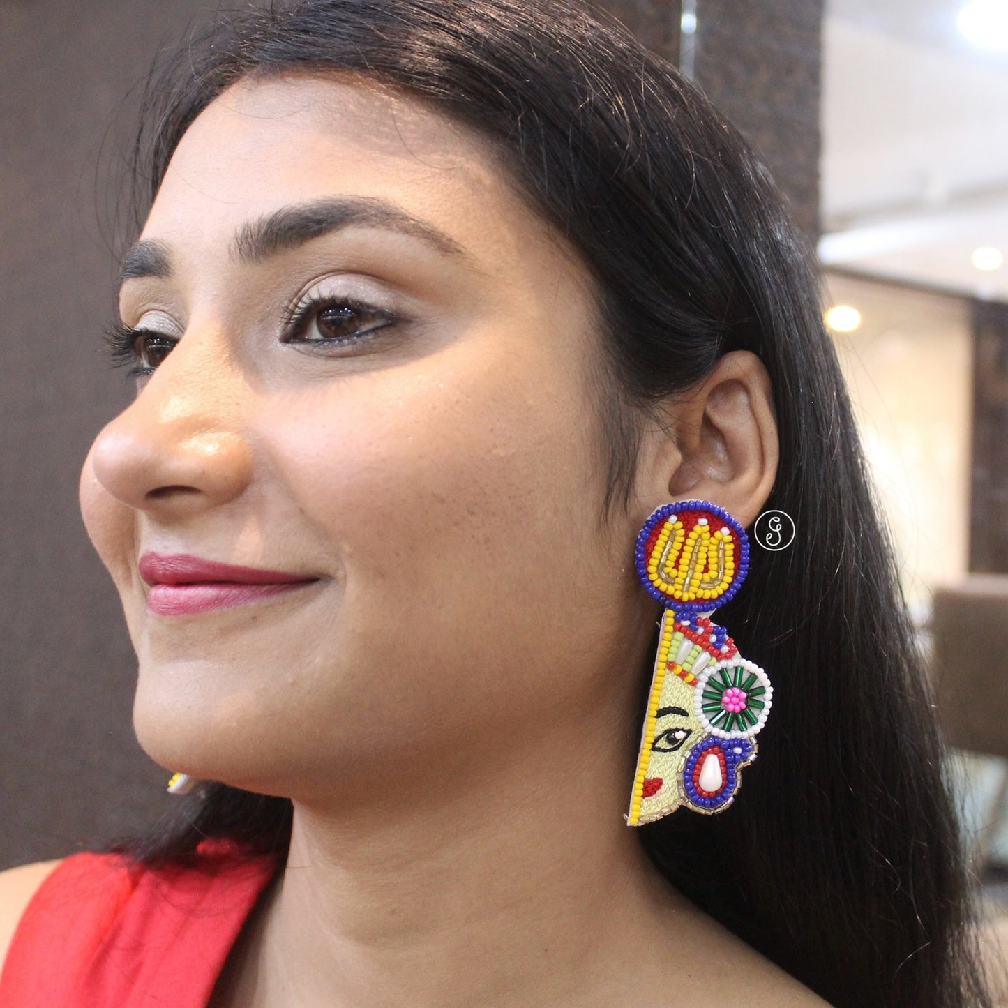 Multicolored Beaded Maa Durga Earrings with Trishul