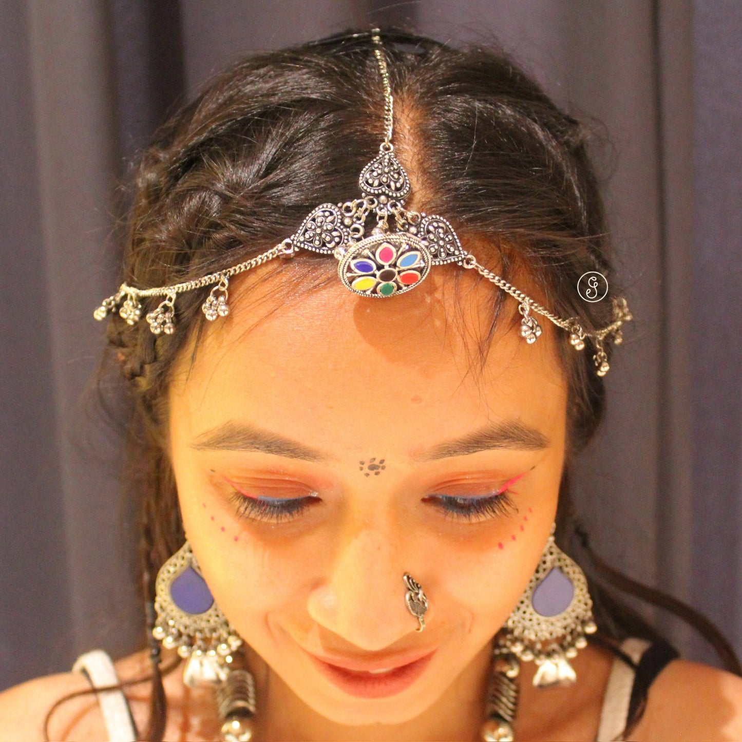 Elegant Damini Style Oxidised Silver Maang-Tika