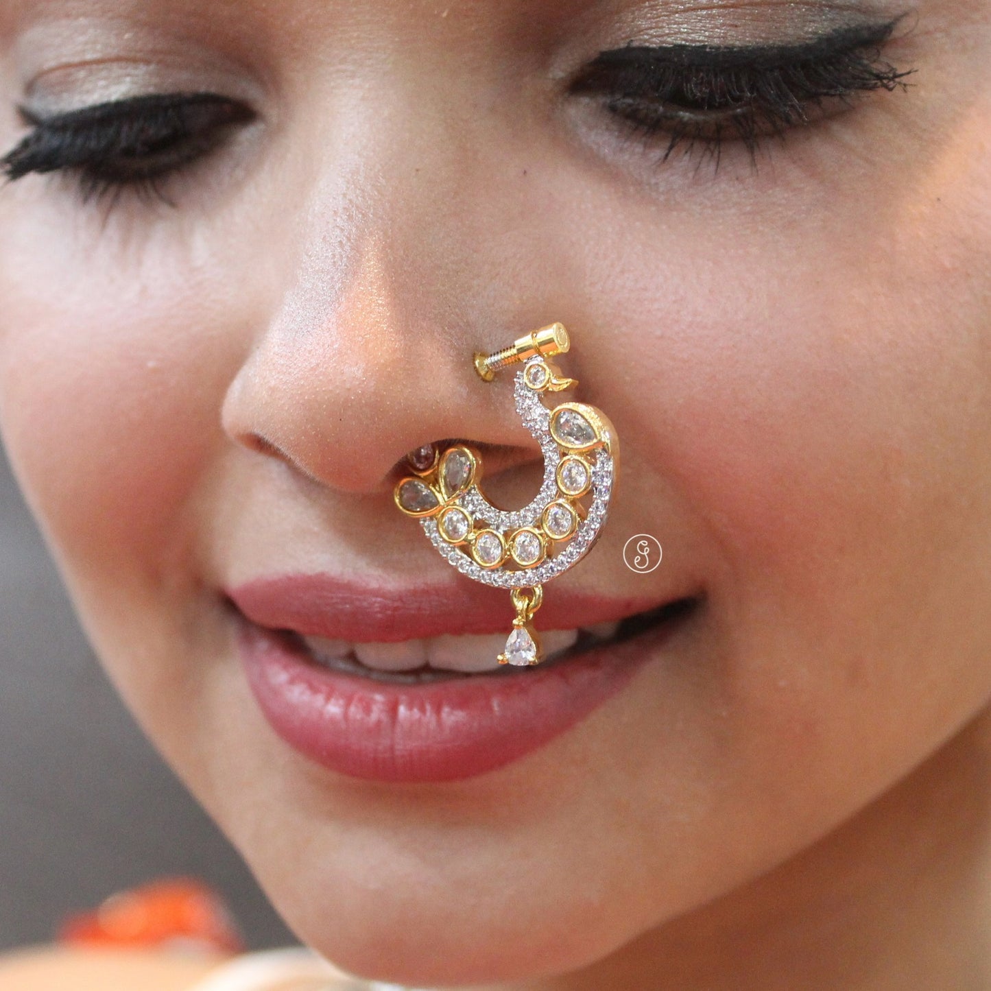 Golden CZ Diamonds Peacock Design Nath