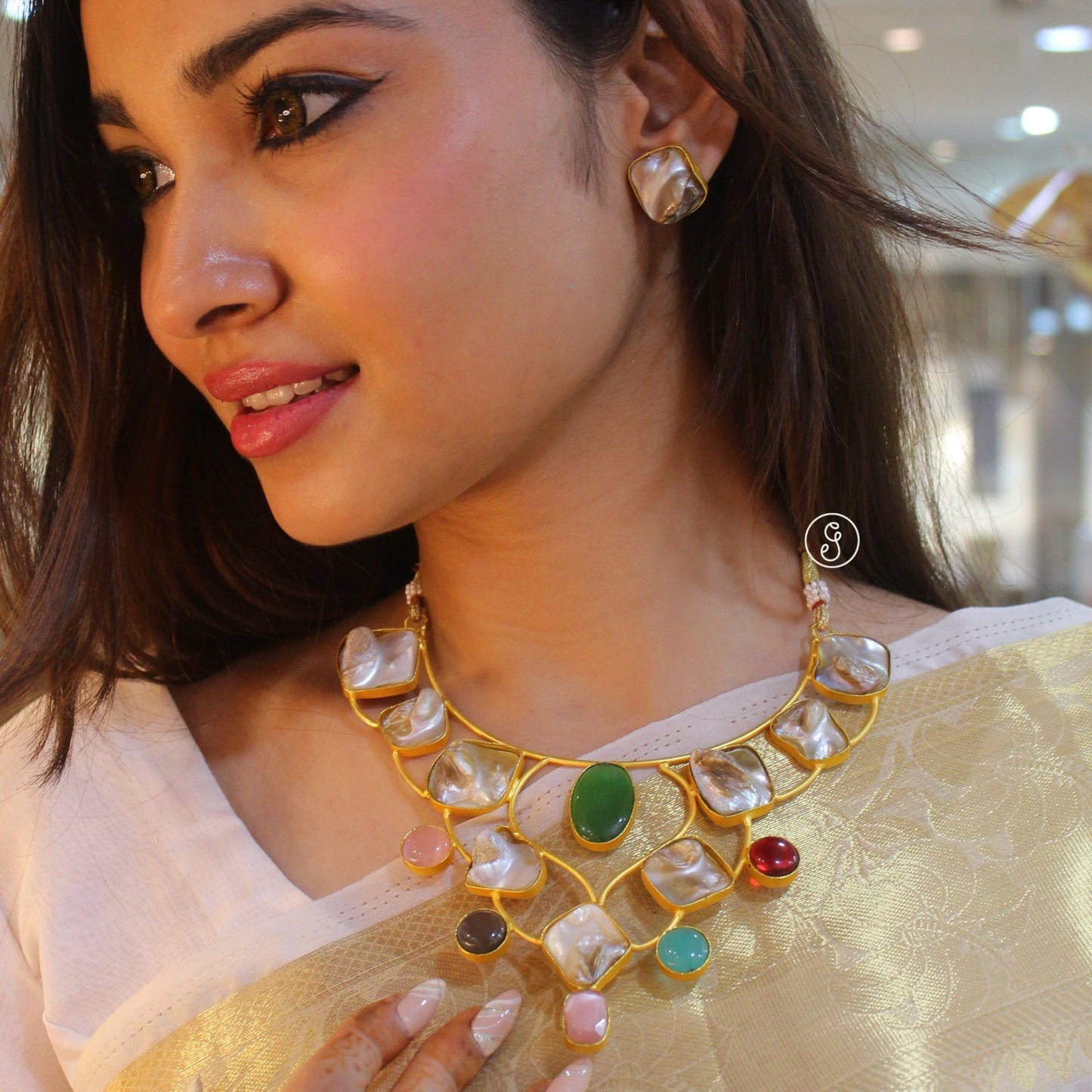 Fabulous Multi-Stones Embedded Brass Necklace Set