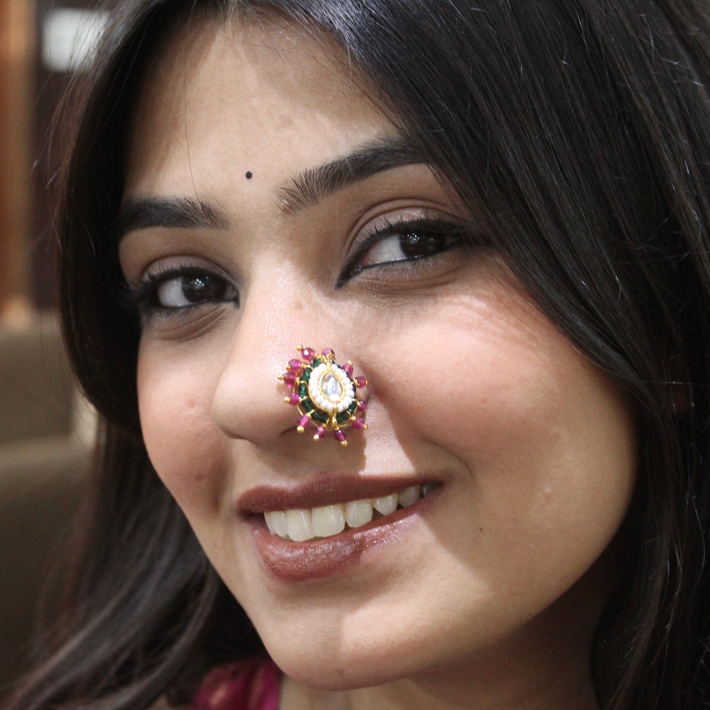 Statement Kundan Floral Press-On Nose Pin (Non-Pierced Nath)