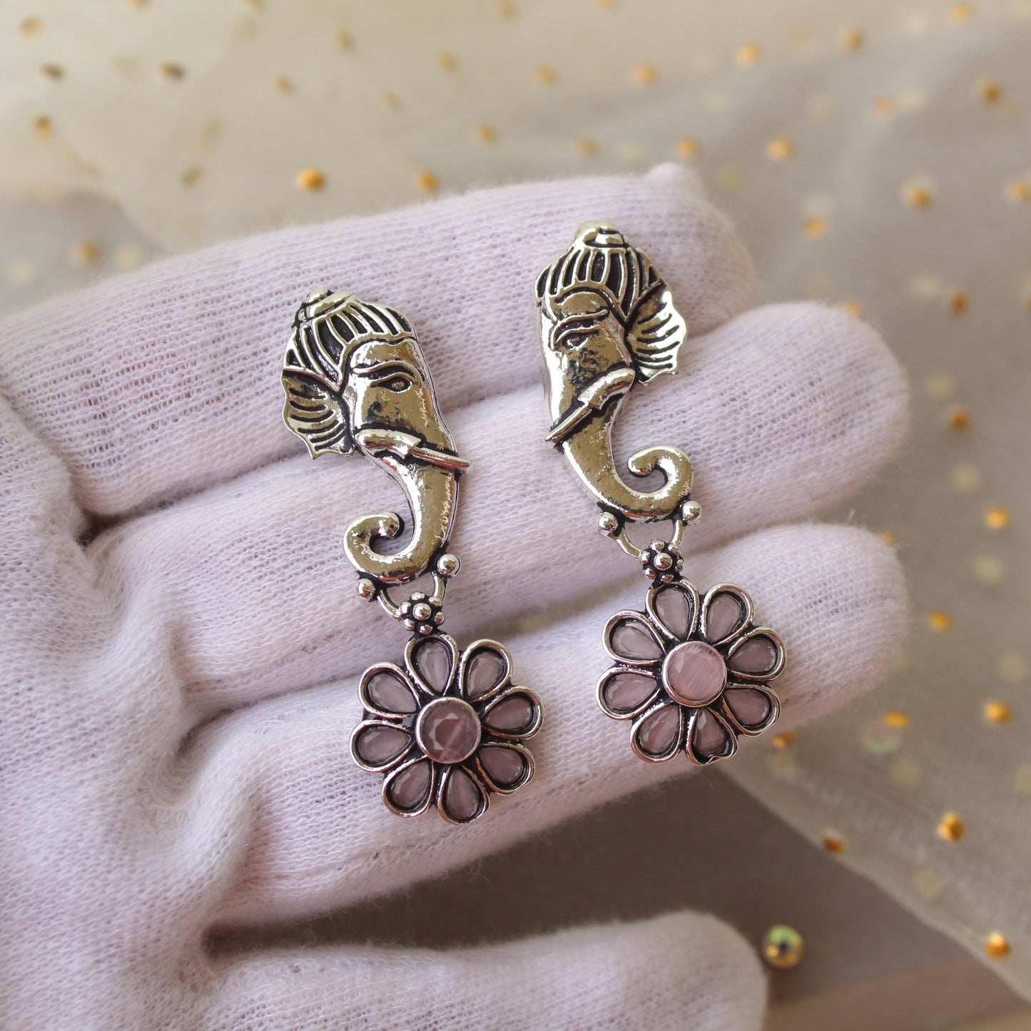 Oxidised Silver & Pink Ganesha Earrings