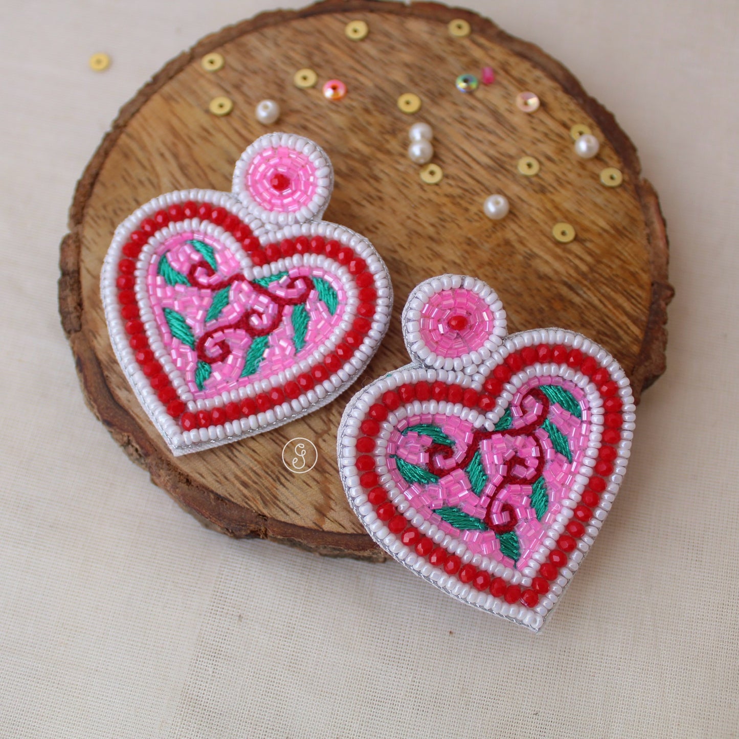 Pretty Beaded Heart Design Handmade Earrings