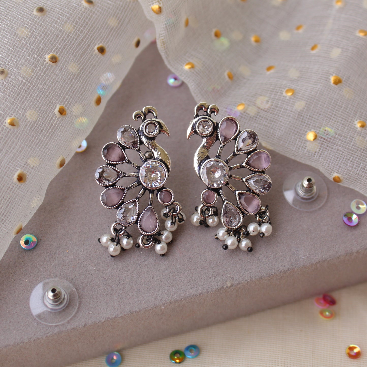 Pink & Oxidised Silver Peacock Stud Earrings