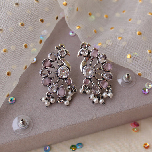 Pink & Oxidised Silver Peacock Stud Earrings