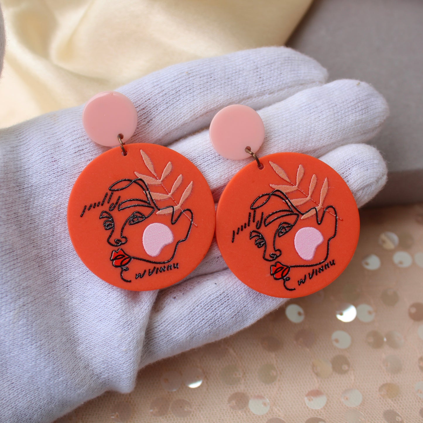 Pink & Orange Colour Abstract Art Printed Earrings