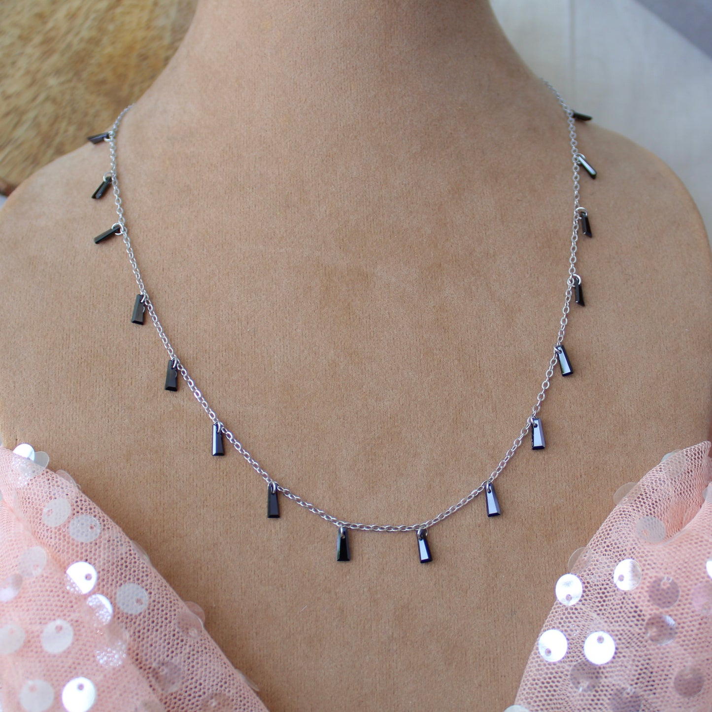 92.5 Sterling Silver Chain With Black Crystal Charms