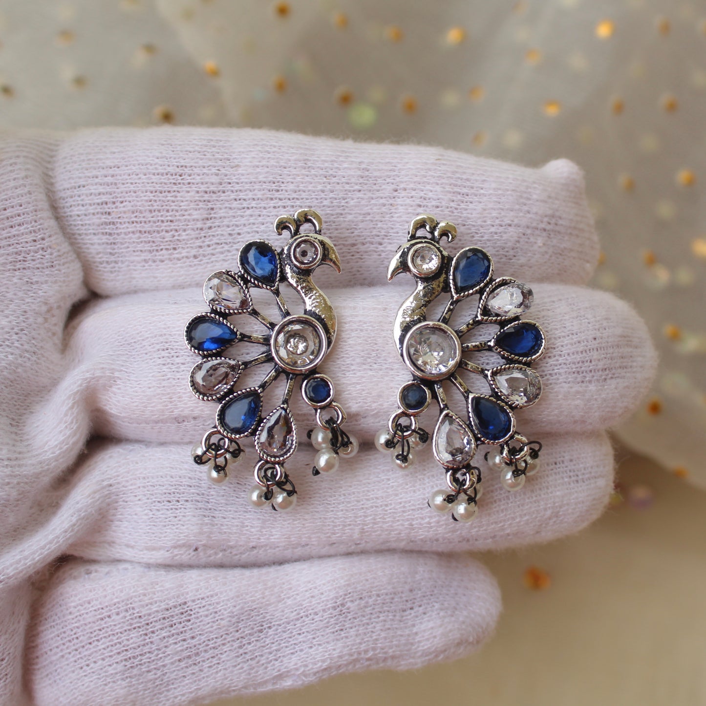 Blue & Oxidised Silver Peacock Design Earrings