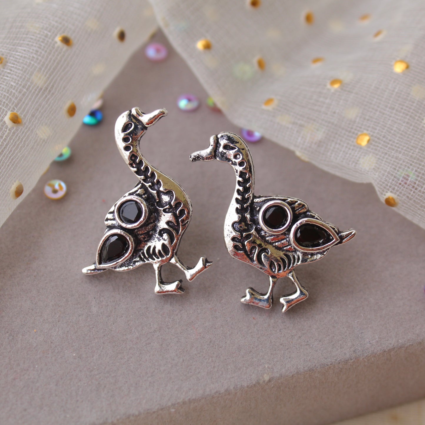 Elegant Oxidised Silver Duck Stud Earrings