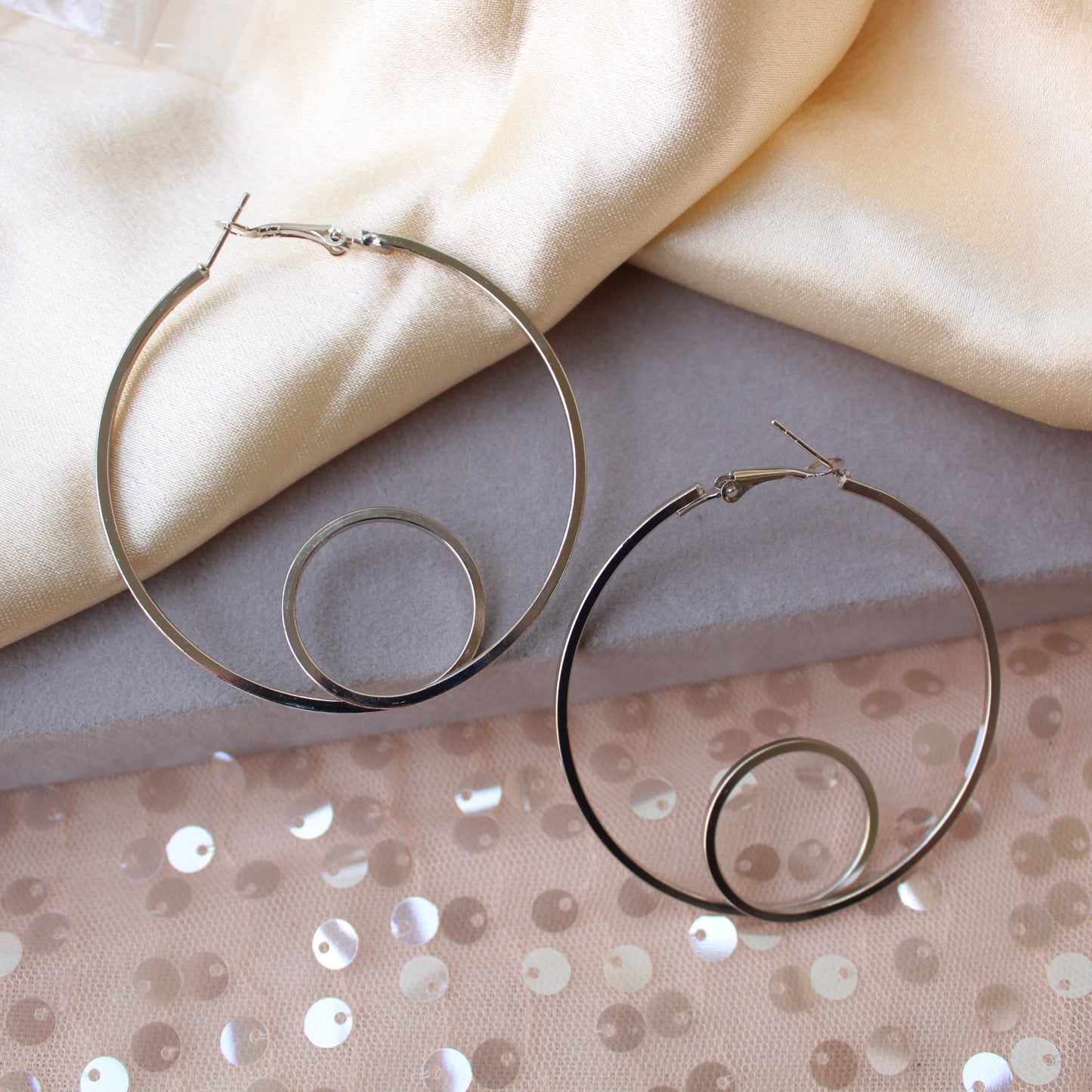 Silver Large Sized Round Hoop Earrings