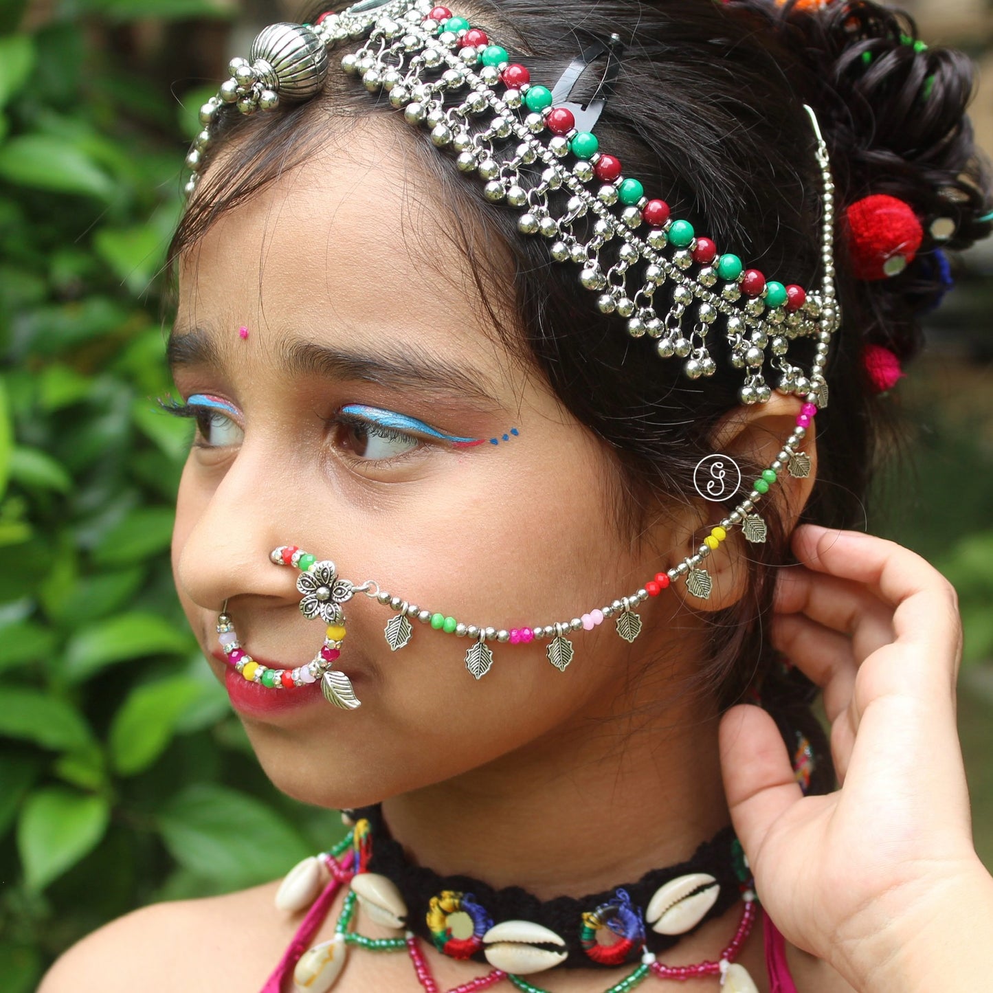 Colourful Press-On Nath Nose-Pin With Chain