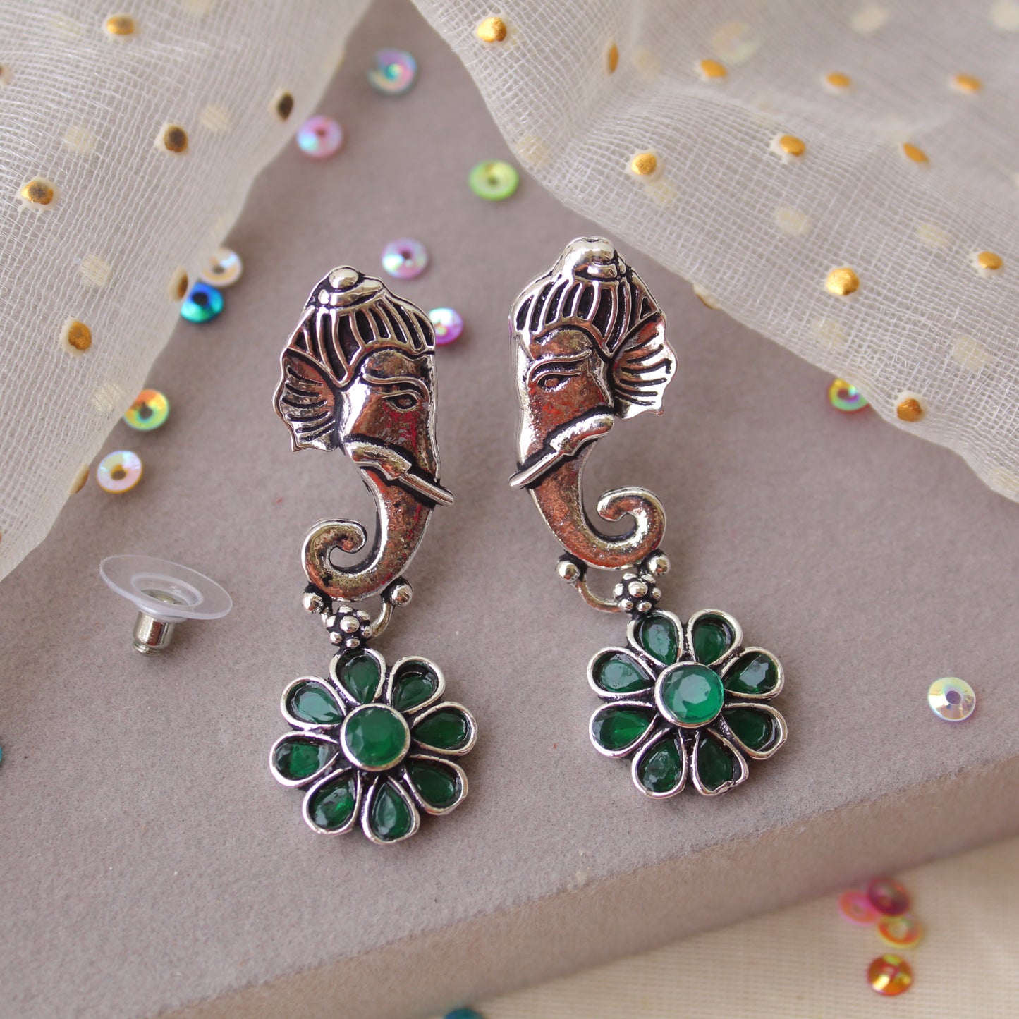 Oxidised Silver & Green Ganesha Earrings