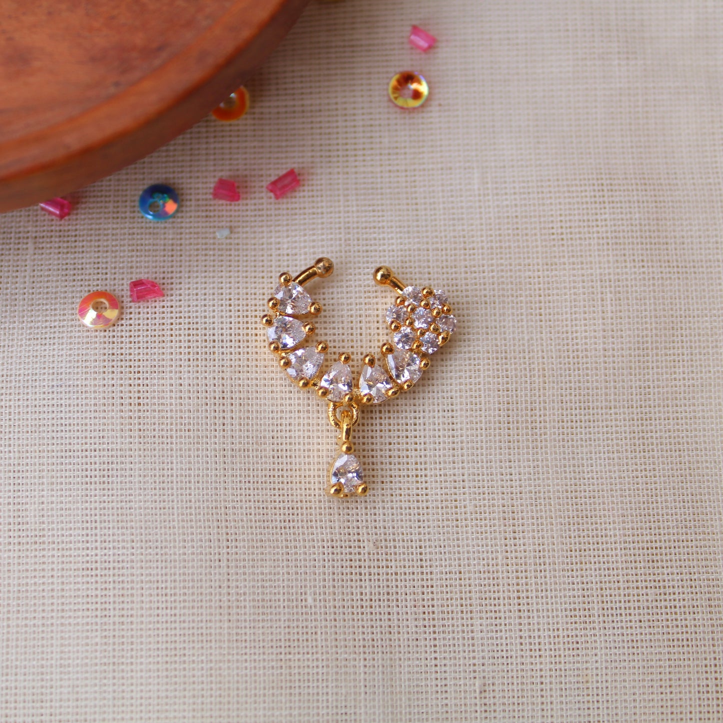 Golden CZ Diamonds Work Mini Nath/Nose Ring