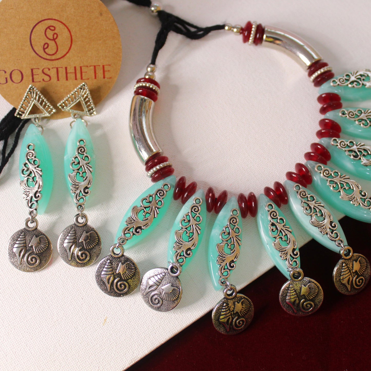 Pastel Green Designer Oxidised Silver Necklace Set