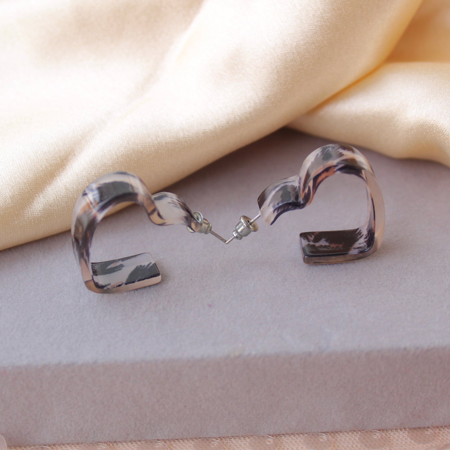 Black & Beige Tone Heart Shaped Hoops