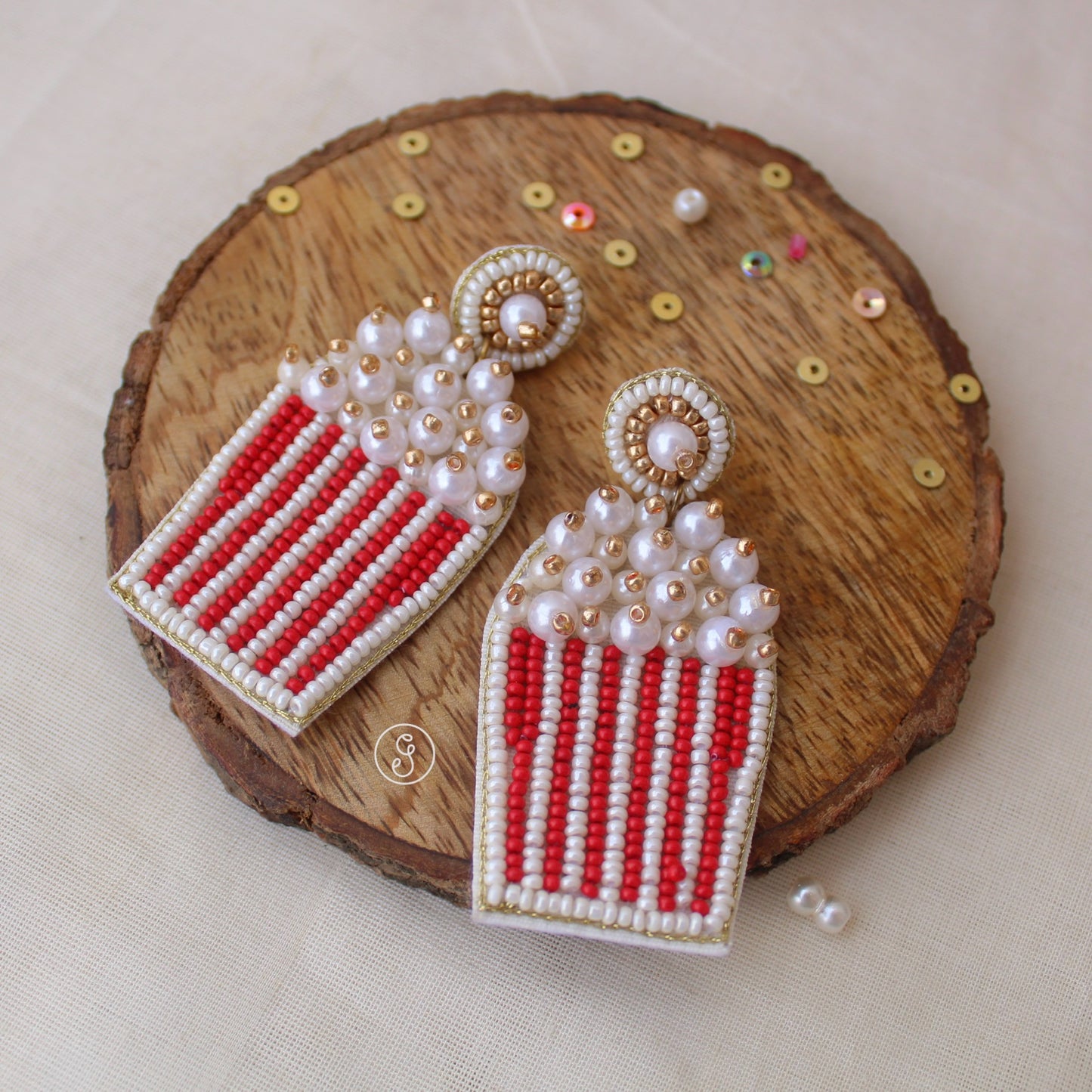 Red & White Beaded Popcorn Design Earrings