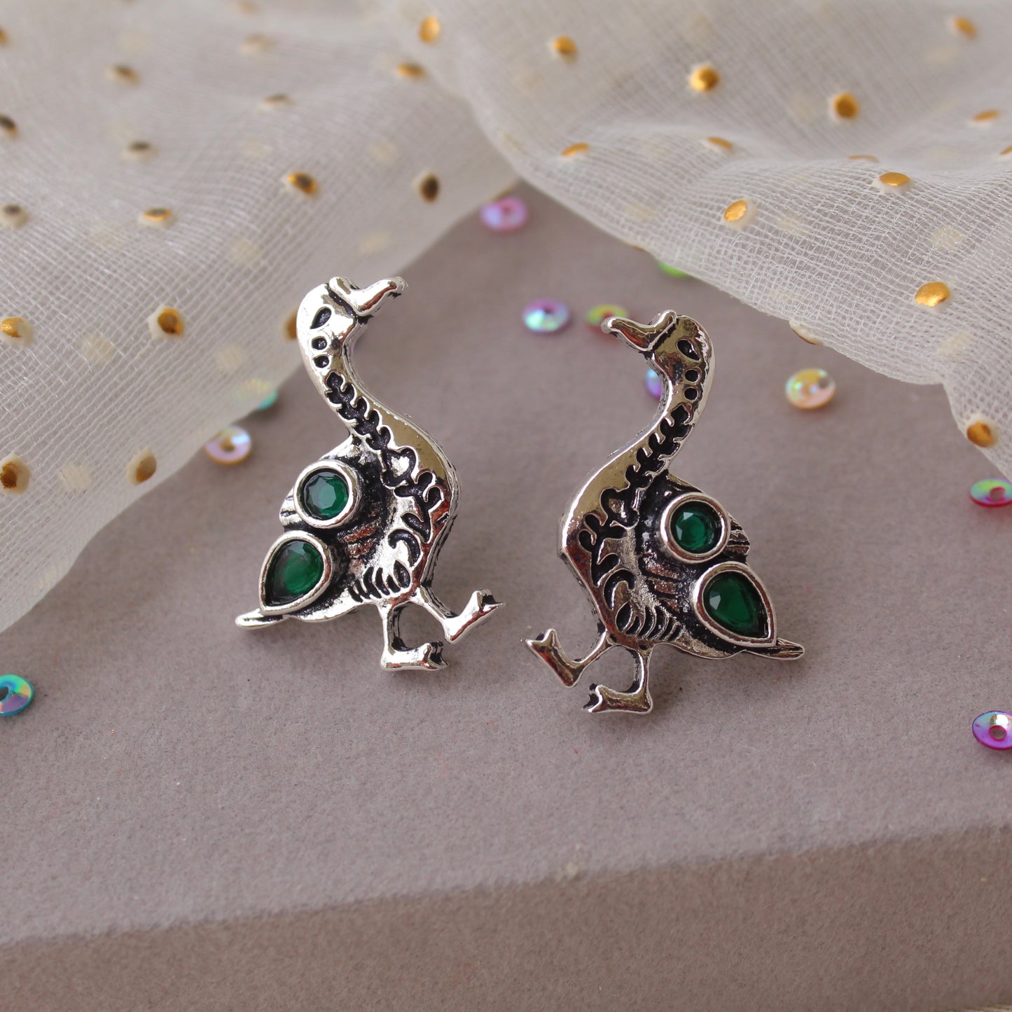 Chic Oxidised Silver Duck Stud Earrings