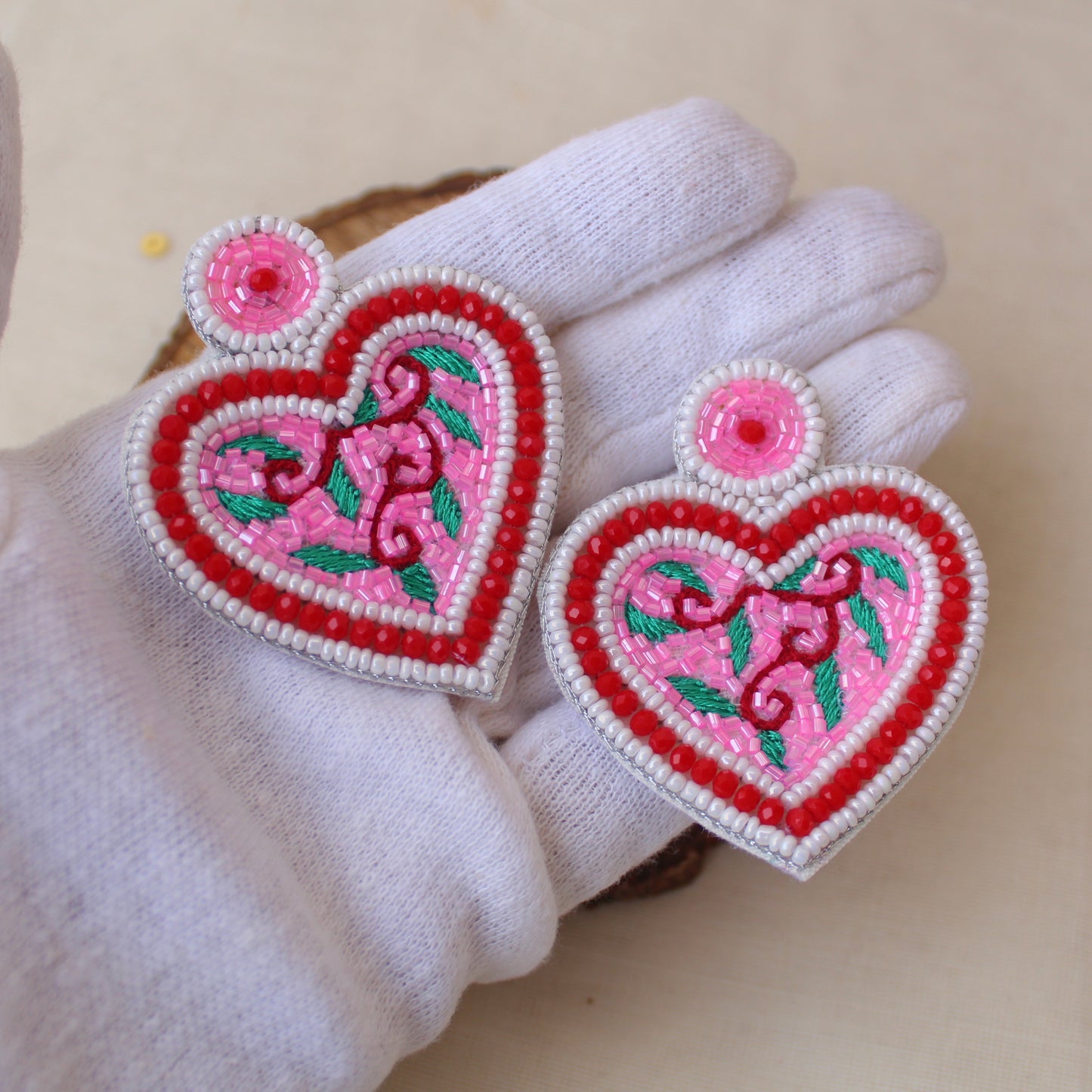 Pretty Beaded Heart Design Handmade Earrings