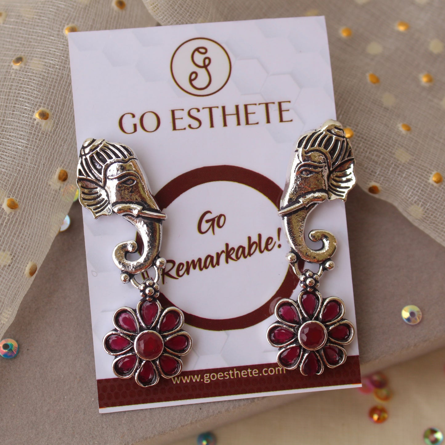 Oxidised Silver & Ruby Ganesha Earrings