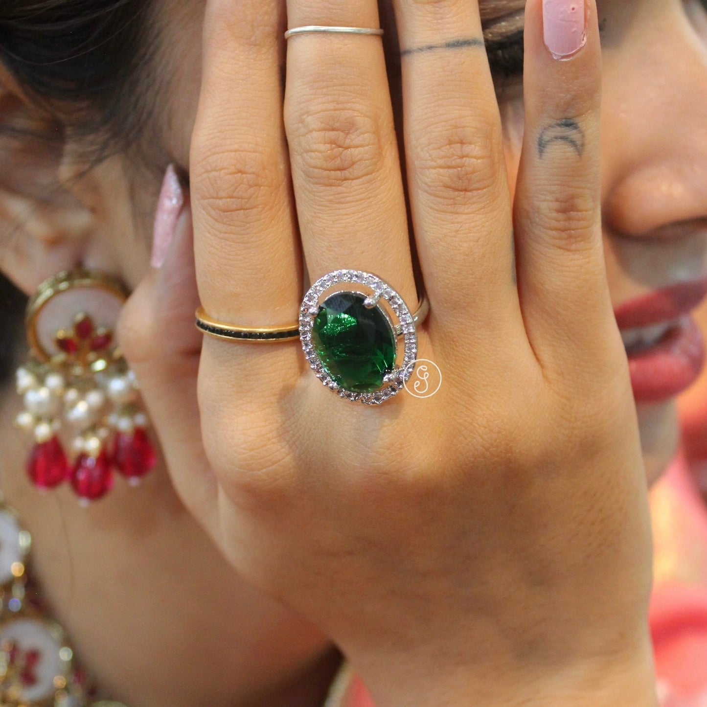 Emerald Green Diamond Studded Adjustable Ring