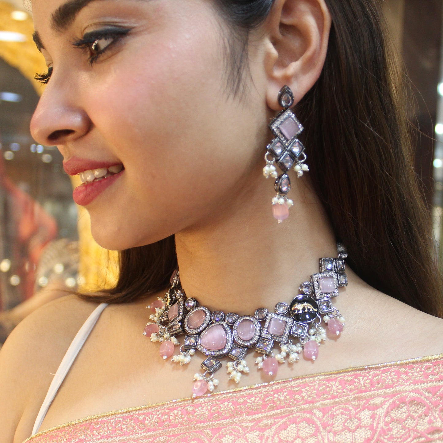 Sabyasachi Inspired Pink Monalisa Stones Necklace Set