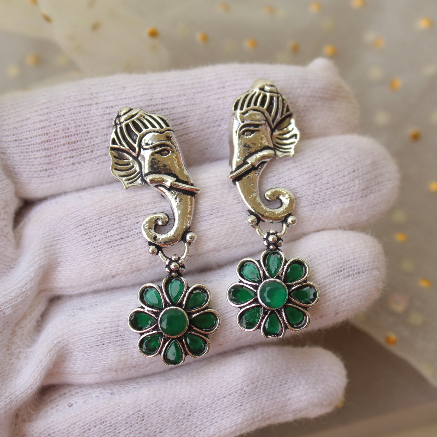 Oxidised Silver & Green Ganesha Earrings