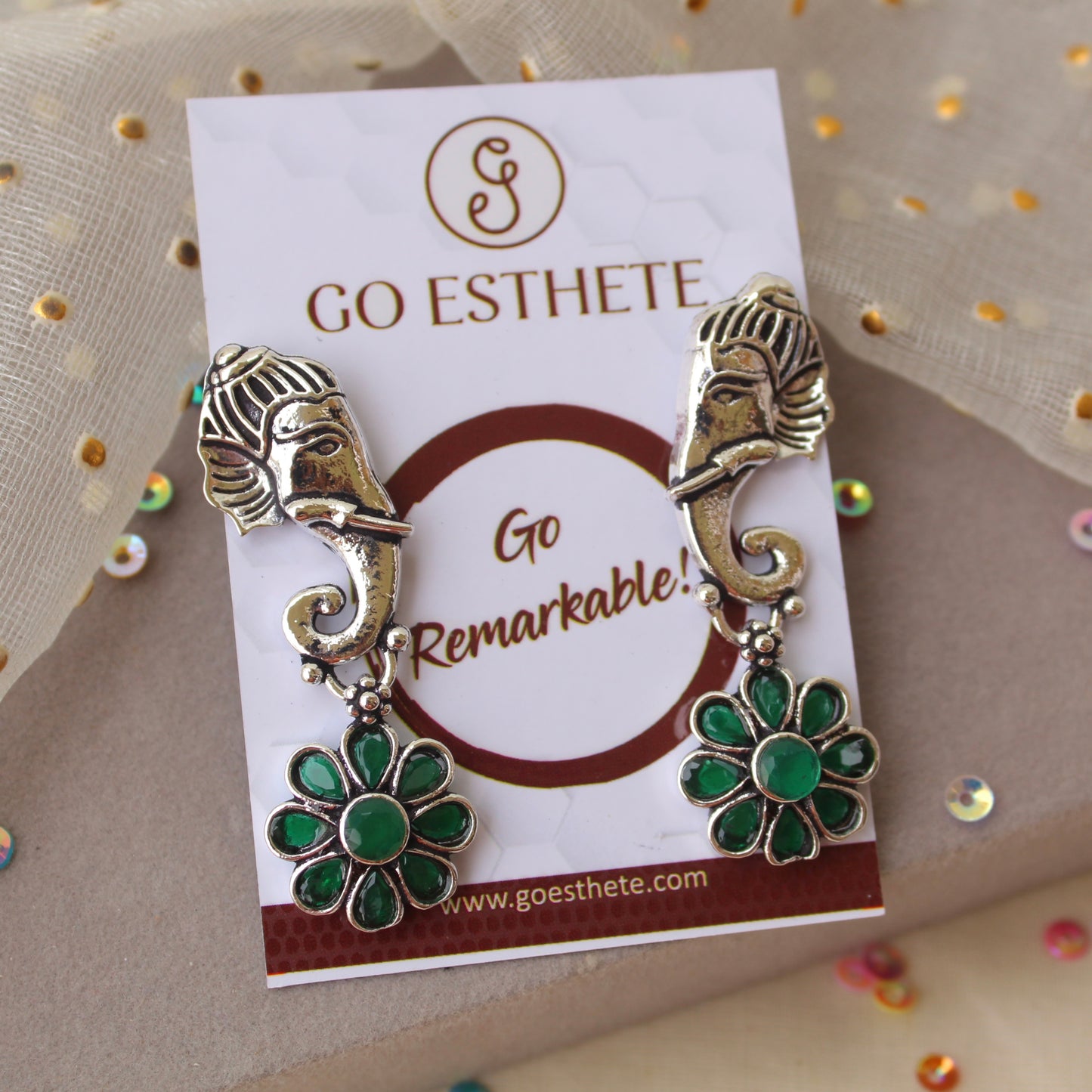 Oxidised Silver & Green Ganesha Earrings