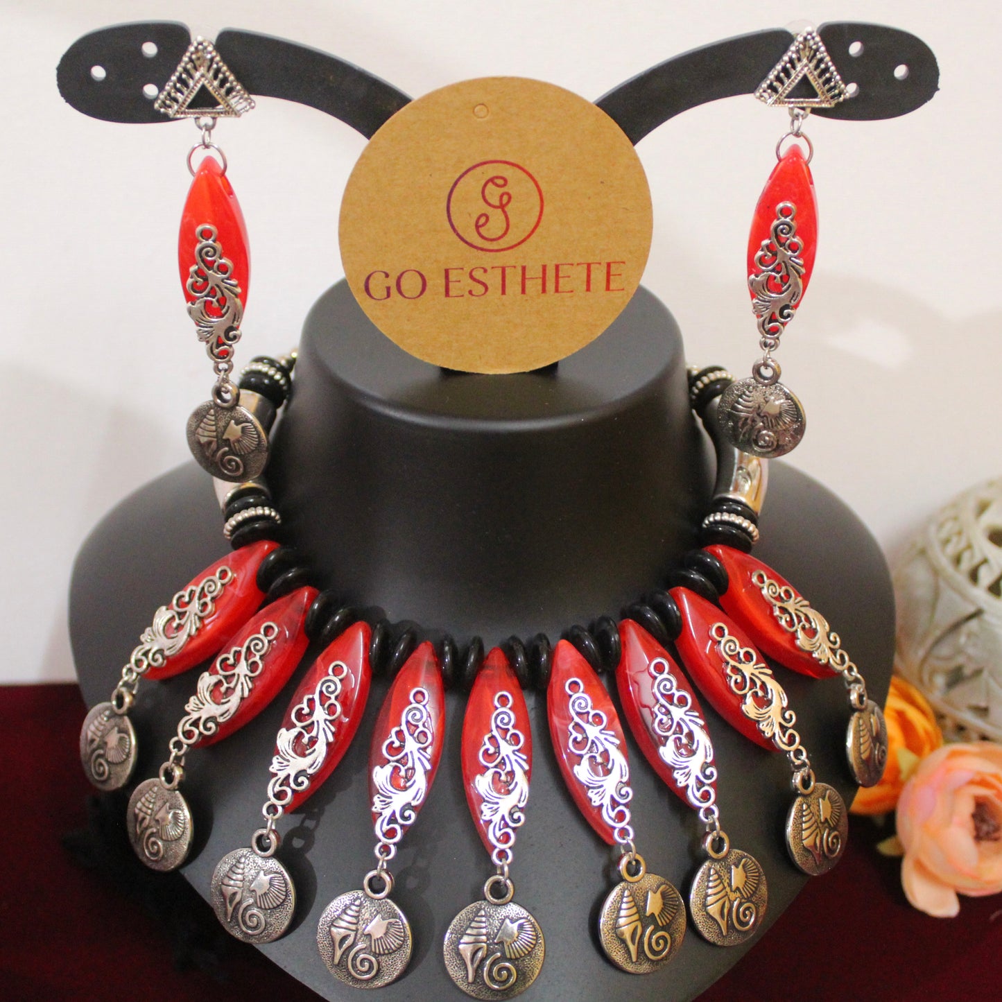 Stunning Red Oxidised Silver Necklace Set